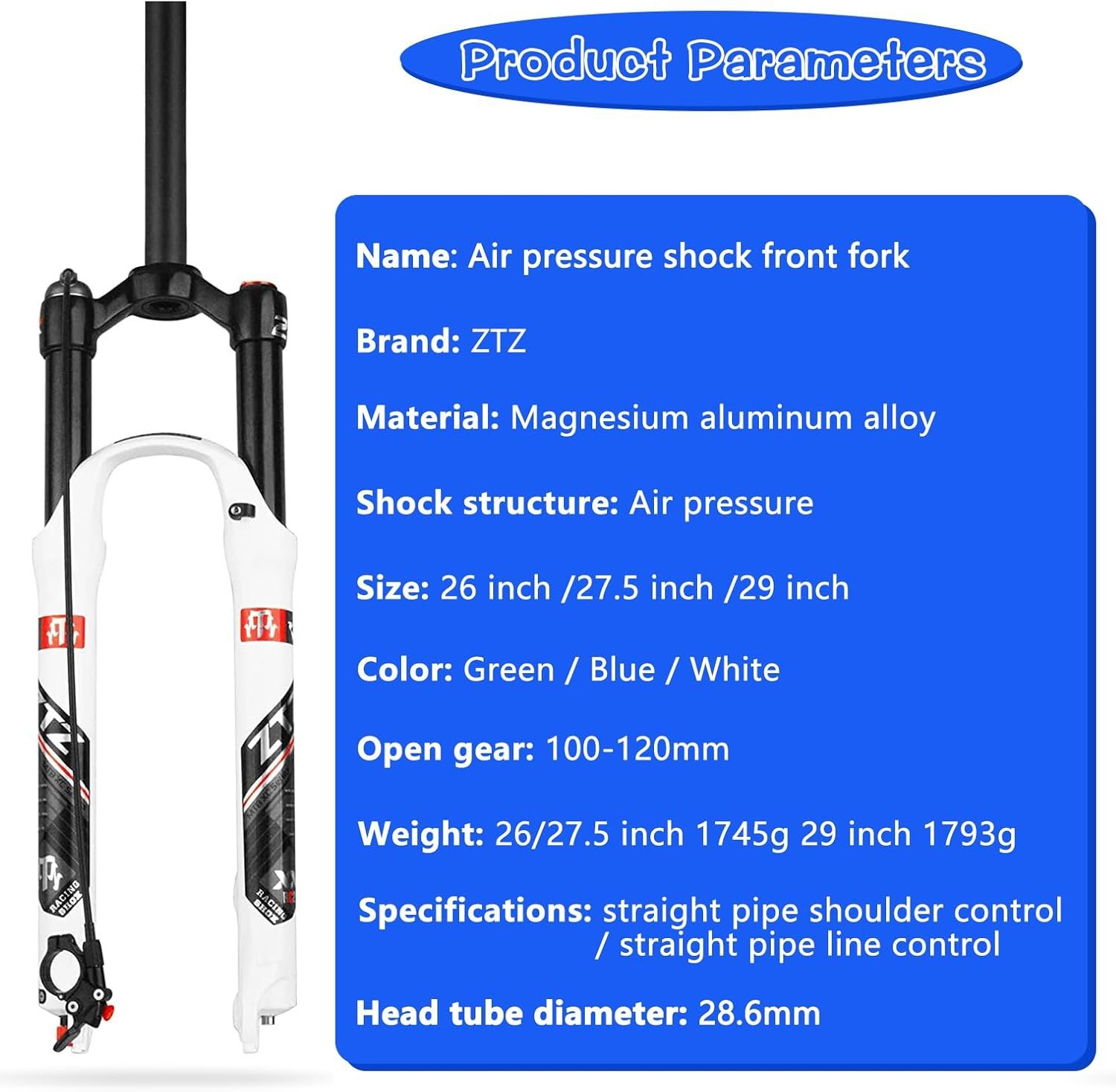ZTZ MTB Air Suspension Fork Fit for 26/27.5/29 inch Mountain Bike, QR 9mm, XC/AM
