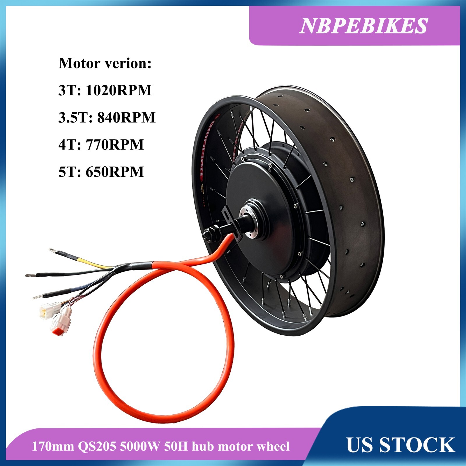 QS205 48-72V 5000W 170MM dropout 50H BLDC hub motor wheel with tire.