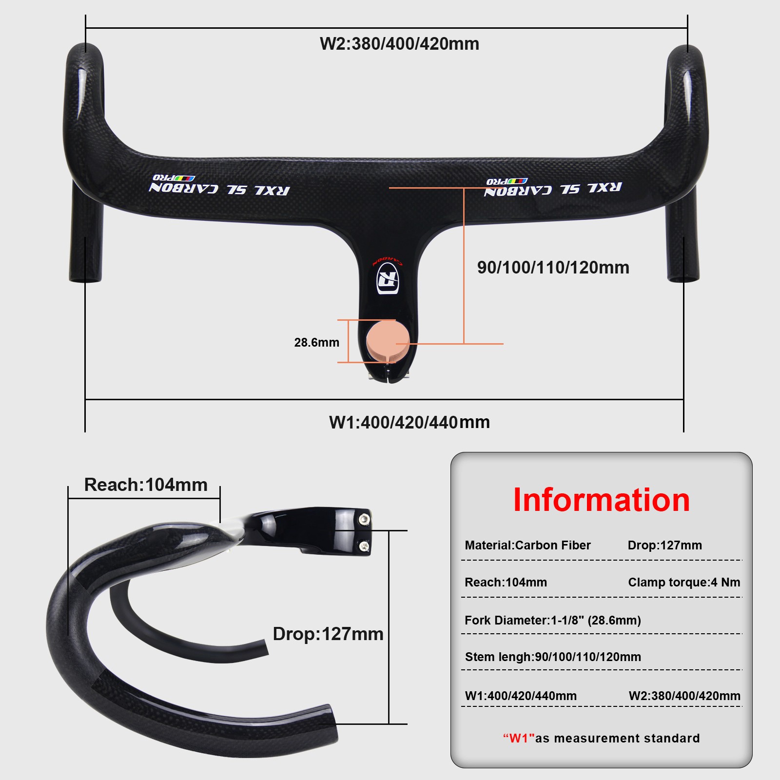 Integrated Carbon Road Drop Handlebars 1-1/8″ Racing Bike Handle Bars RXL SL