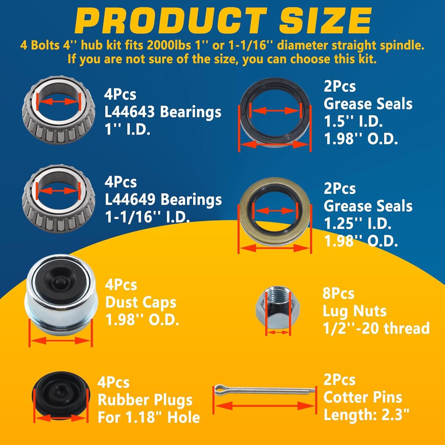 Trailer Hub Kit 1″ 1-1/16″ 2000 lbs Straight Axle 2 Sets 4 on 4» Hub Kit
