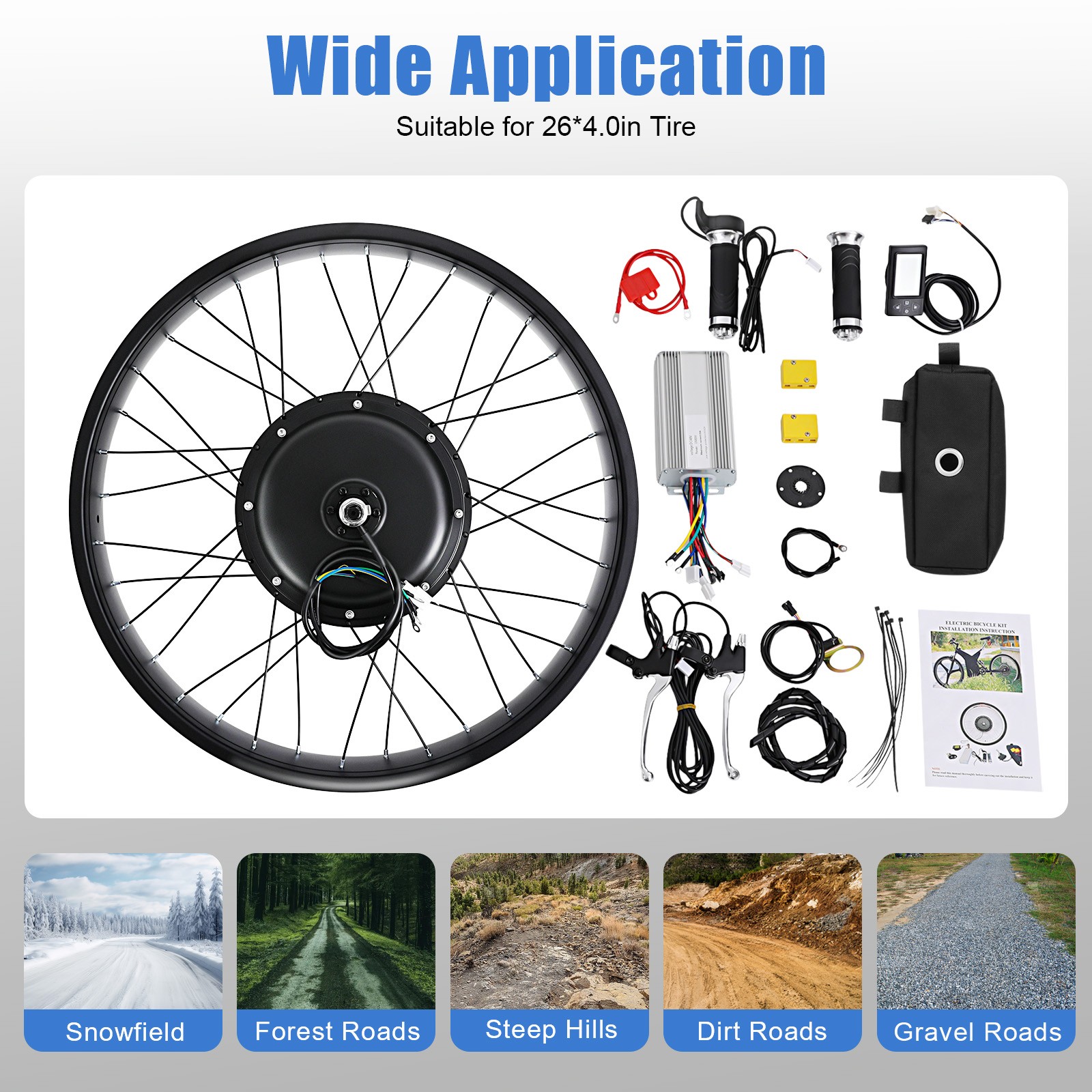 26″ 48V 1500W E-Bike Motor Rear Hub Wheel Fat Tire Electric Bike Conversion Kit