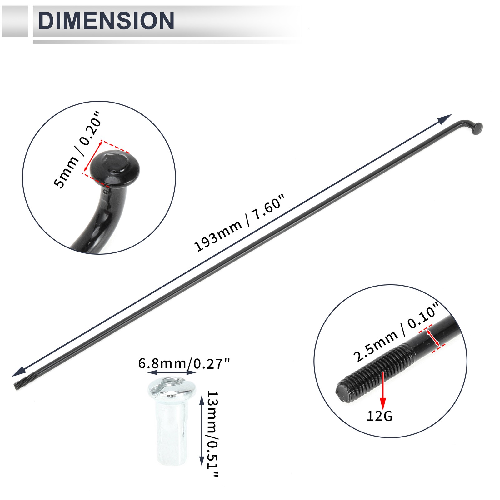 1 Set 12G 193mm Length Bicycle Spokes Nipple Carbon Steel Black Universal