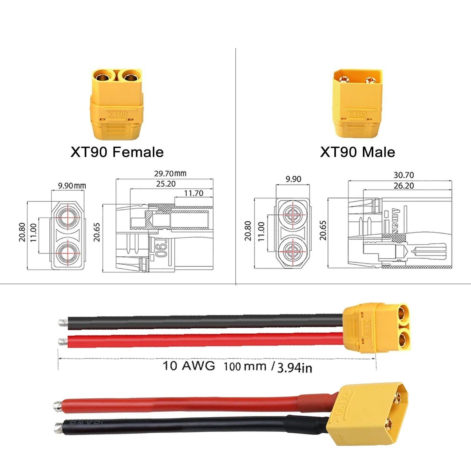1Pair Ebike 10 AWG 2pcs 100mm XT90 Parallel Wire Cable Male & Female Connector