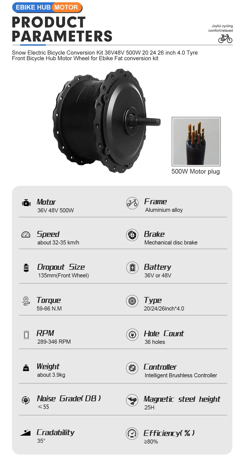 36V/48V 500W Ebike Conversion Kit Fat Tire 4.0 Tyre Front Wheel Hub Motor