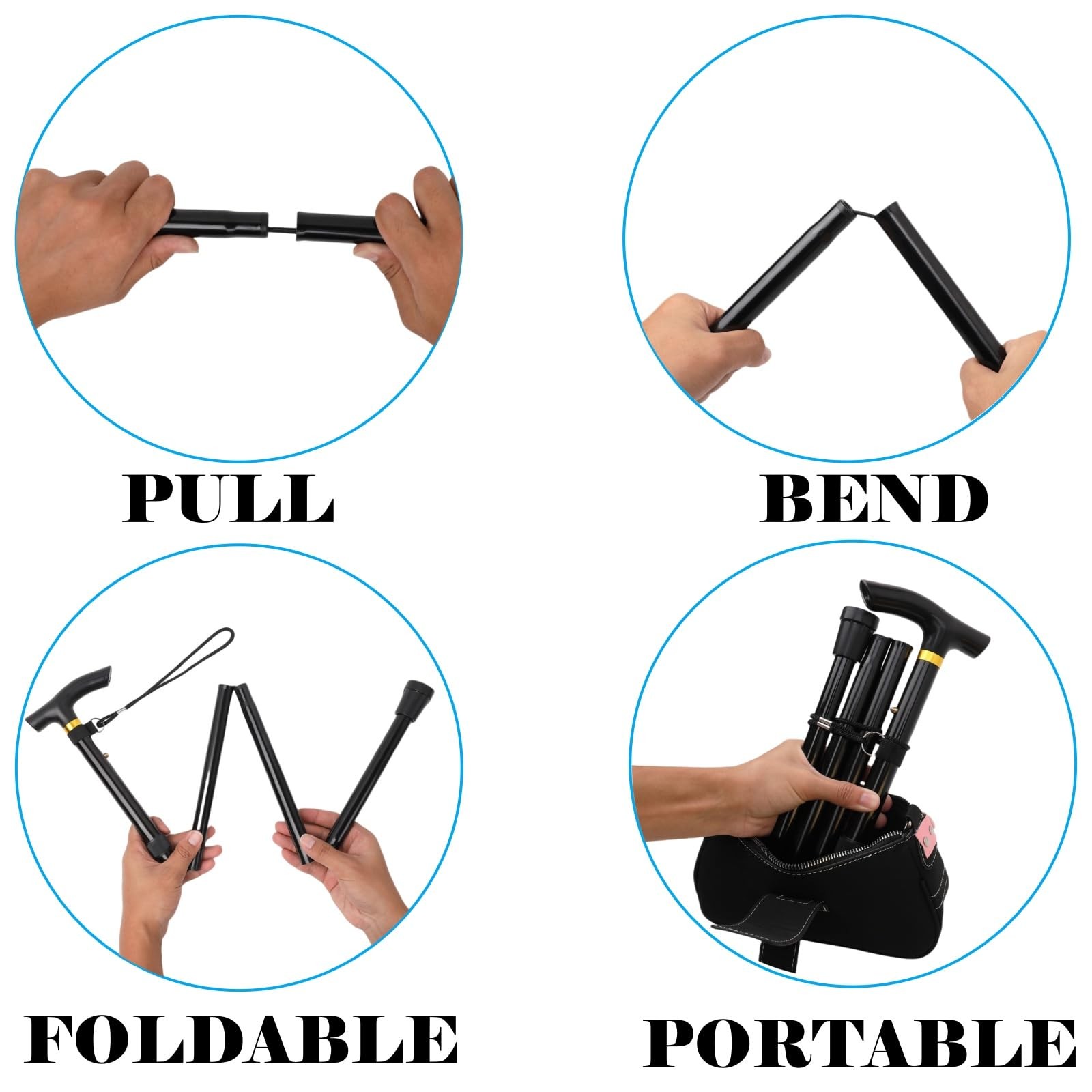 Comfkey Folding Lightweight Walking Stick – Adjustable Aluminum Metal Black