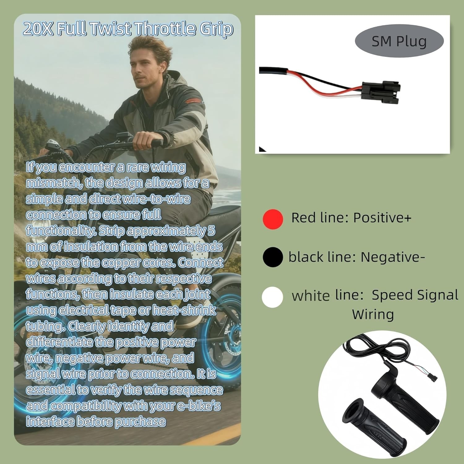 20X Full Twist Throttle Grip（SM Plug） for Ebike 12V-72V, Universal Electric Bike