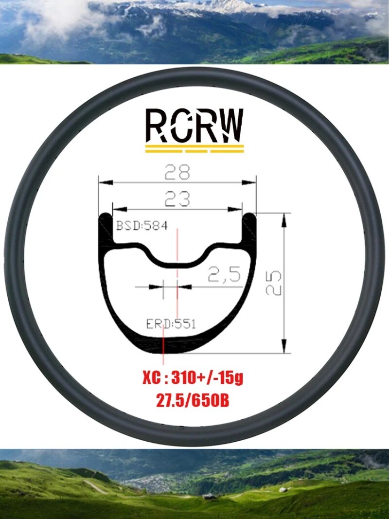27.5er 650B XC MTB Off-Road Asymmetric Carbon Rim 28X25mm Clincher Tubeless 28H