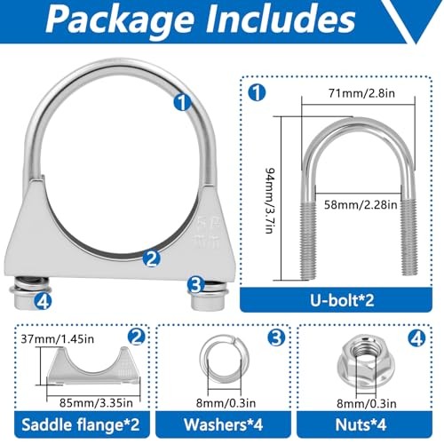 2.25″ U-Bolt Muffler Exhaust Clamps, Saddle Style U-Bolt Clamp 2.25″ OD (58 mm)