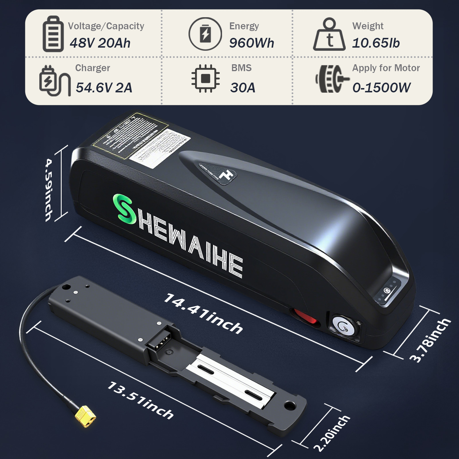 48V 20Ah/25Ah Lithium Battery with 30A BMS, 5-Pin Base Connector, 2A Charger
