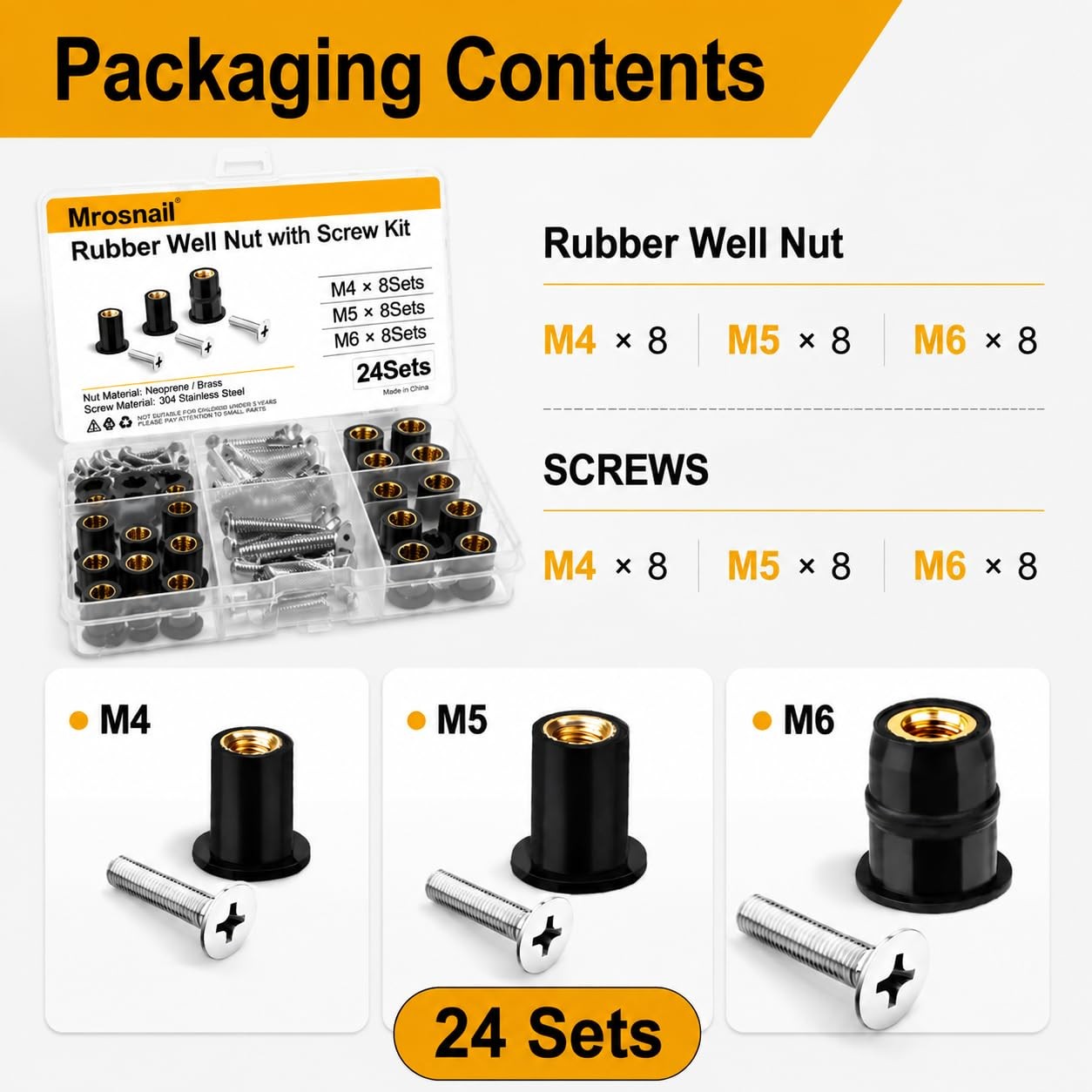 Mrosnail 24Pcs M4 M5 M6 Neoprene Well Nuts Kit with Mix, Black