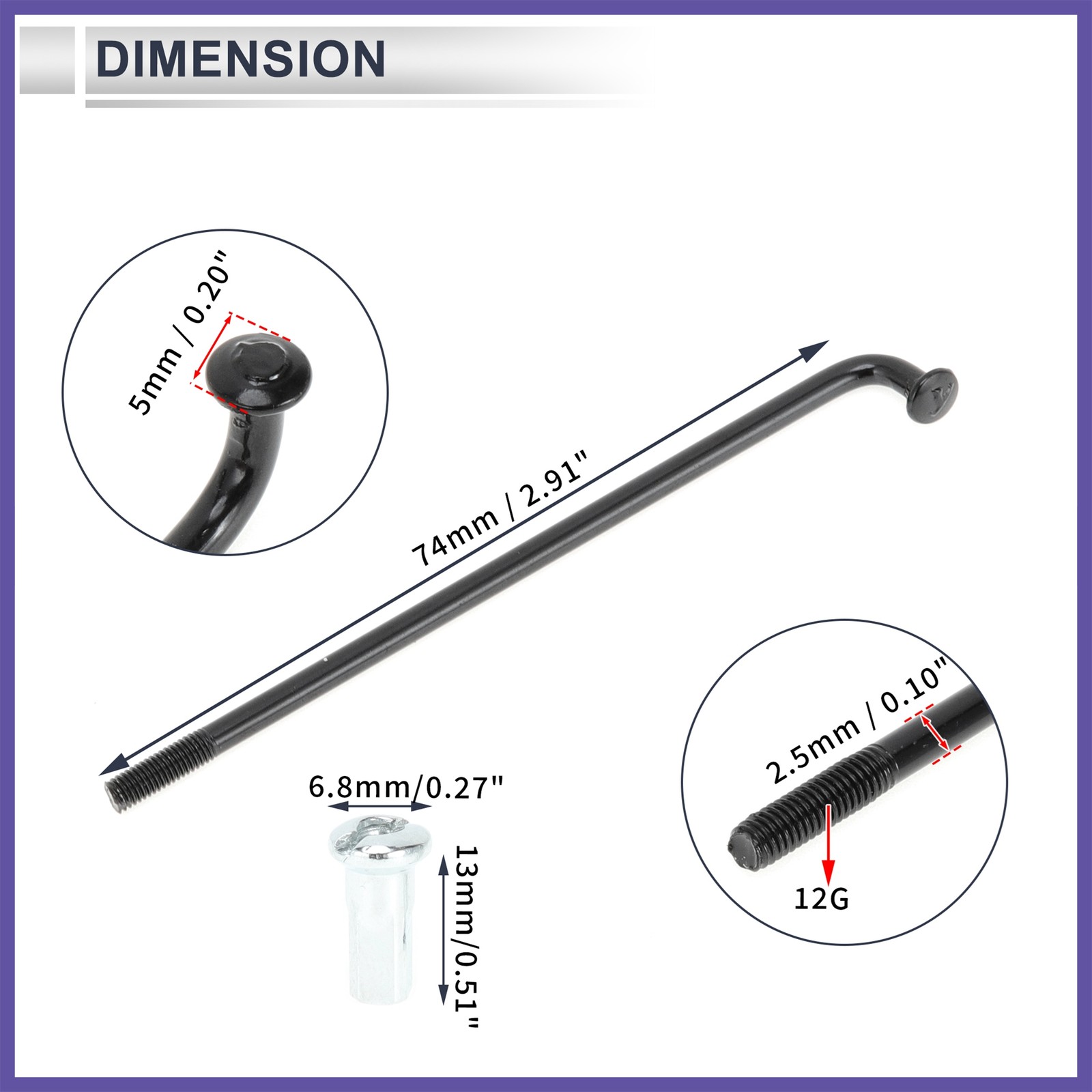 1Set 12G 74mm Length Bicycle Spokes Nipple Carbon Steel Black Universal