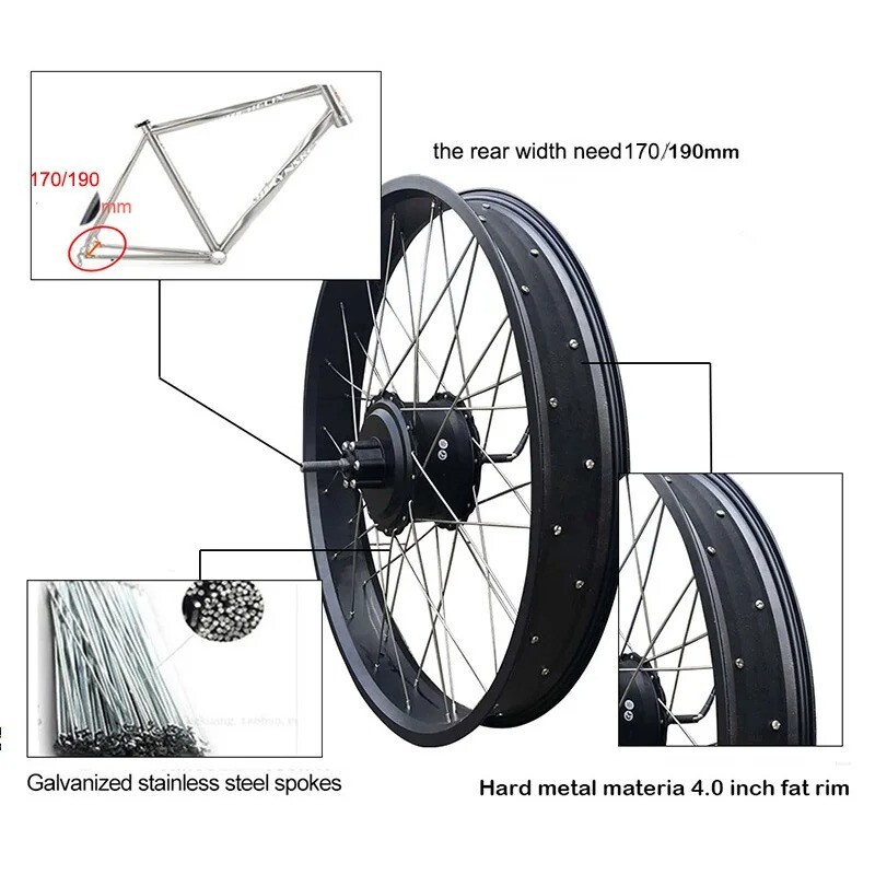 20 24 26er Snow E-bike Fat Tire Brushless Gear Rear Hub Motor Wheel 48V 1000W