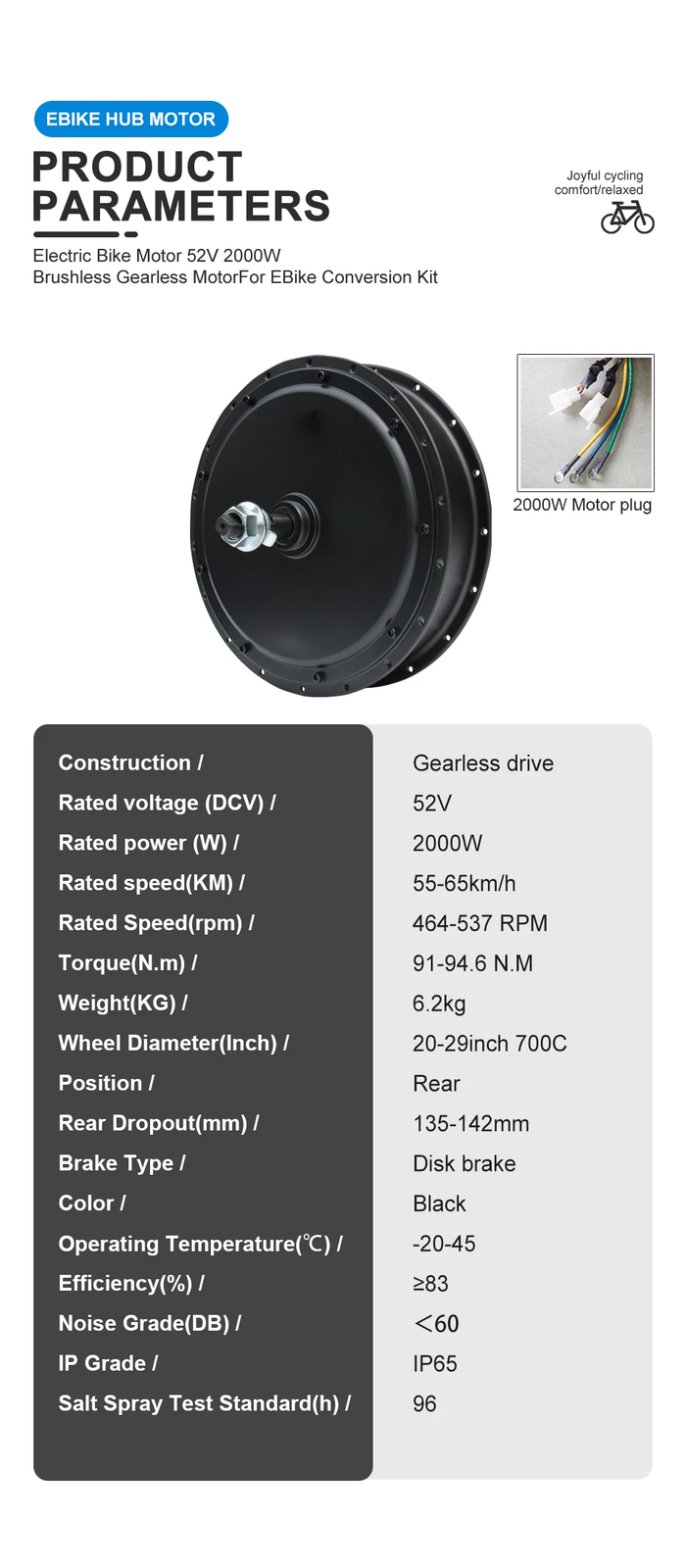 52V 2000W MTB Ebike Brushless Gearless Rear Hub Motor Wheel Drive 20-29inch 700C