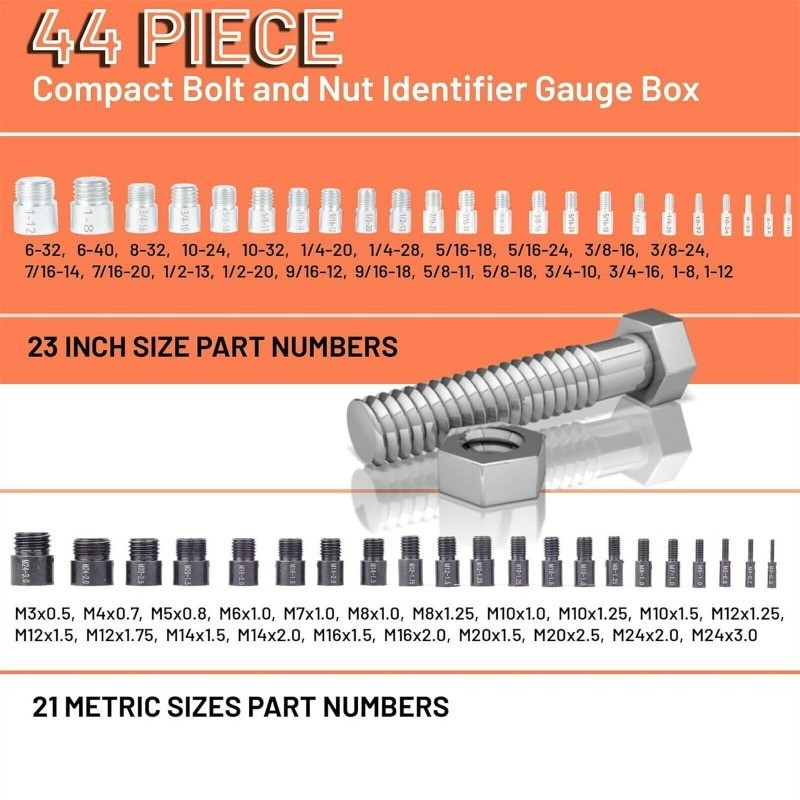 Inch & Metric Sizes Bolt/Nut Identifier 44pcs Nut/ Bolt Thread Checker Gauge Box