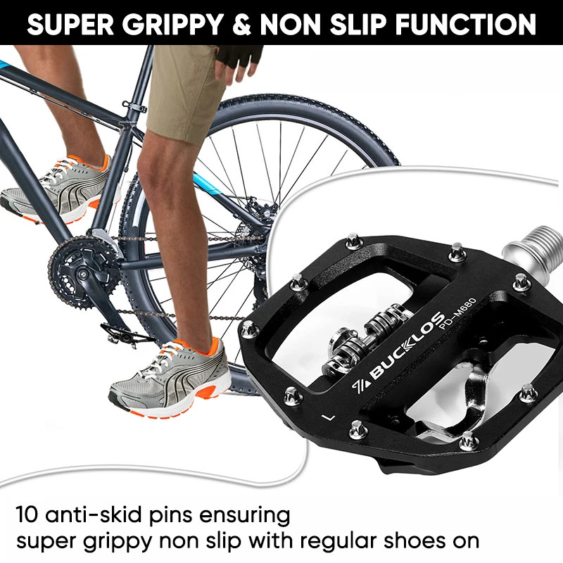 BUCKLOS Dual Function MTB Bike Pedals SPD Compatible Clip-In + Platform 9/16″
