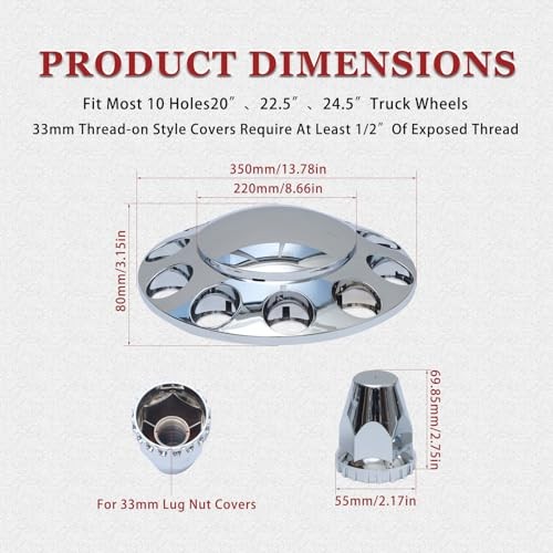 33mm Chrome Front Axle Wheel Cover Set for Semi Trucks ABS Plastic Standard