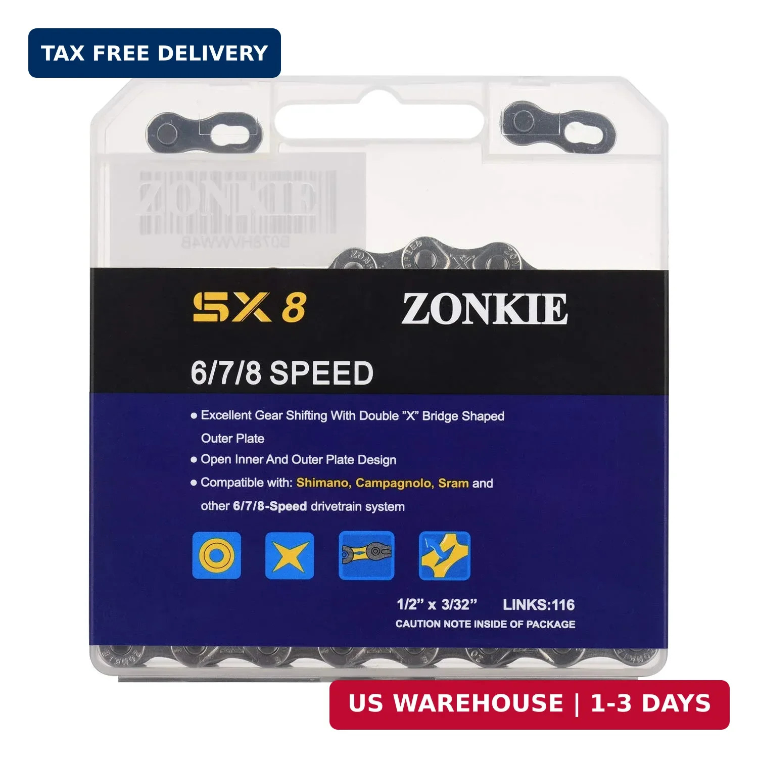 ZONKIE 6/7/8 Speed Bike Chain 1/2 x 3/32 Inch 116 Links