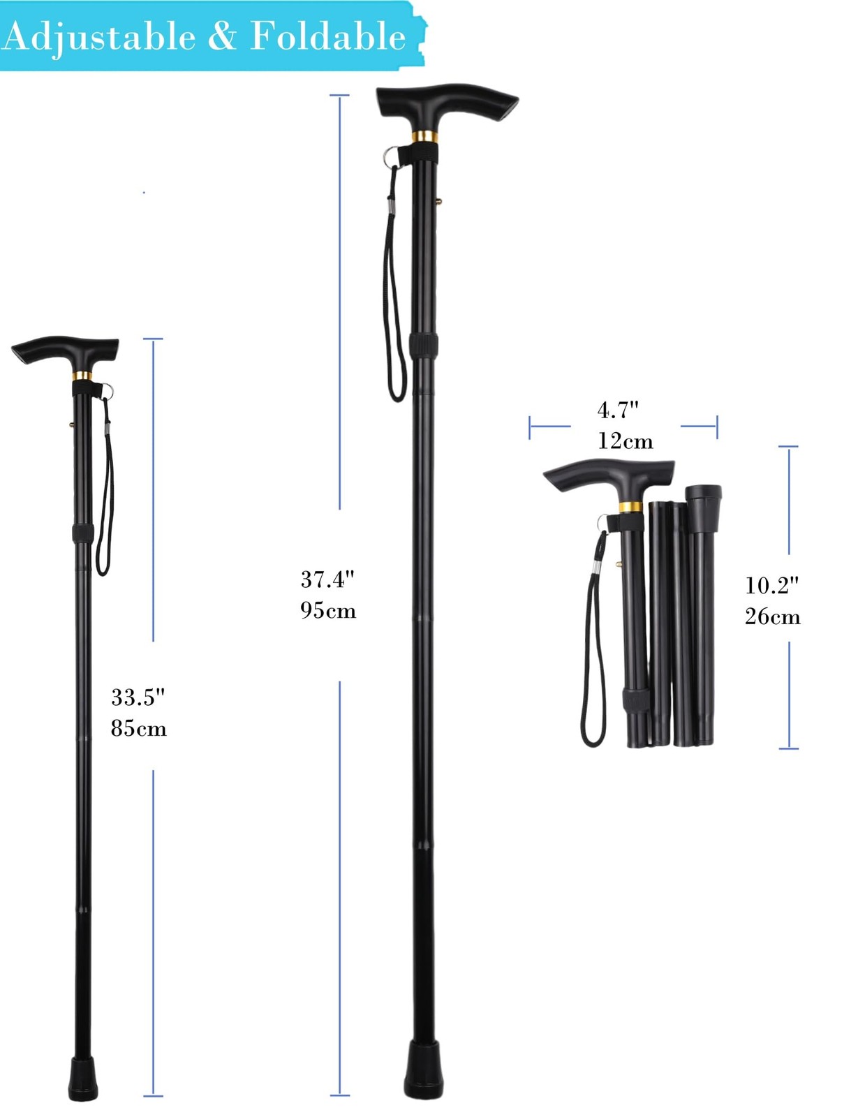 Comfkey Folding Lightweight Walking Stick – Adjustable Aluminum Metal Blue