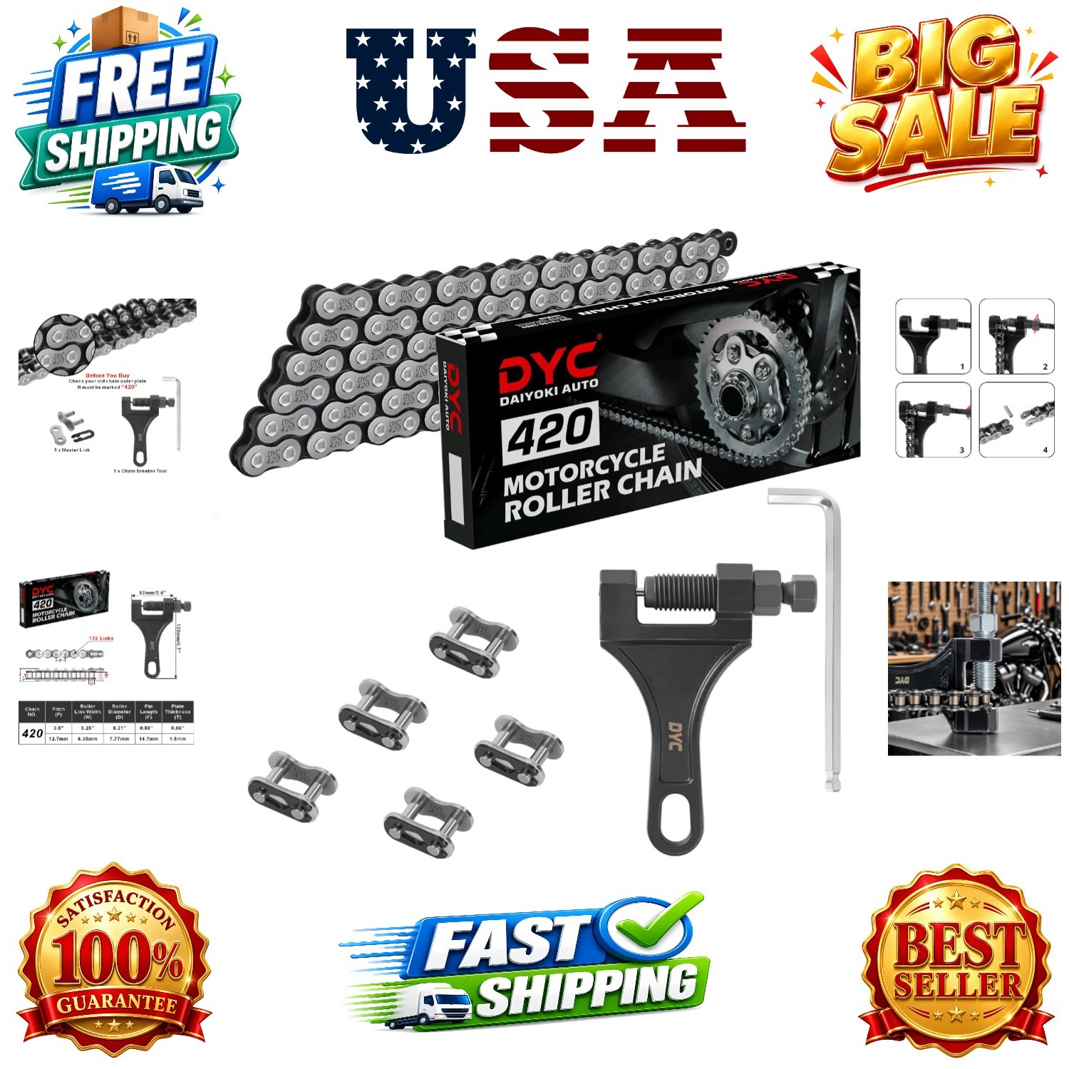 DYC 420 Chain 132 Links with 5 Master Links and Chain Breaker Tool | Cut to f…