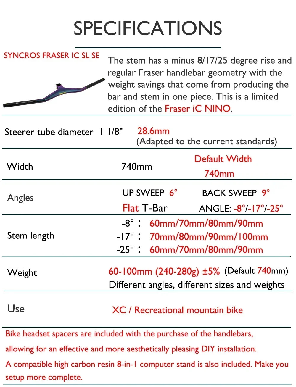 MTB Bicycle XC Trail Enduro Carbon Integrated Handlebar 8° 17° 25° 740mm Width