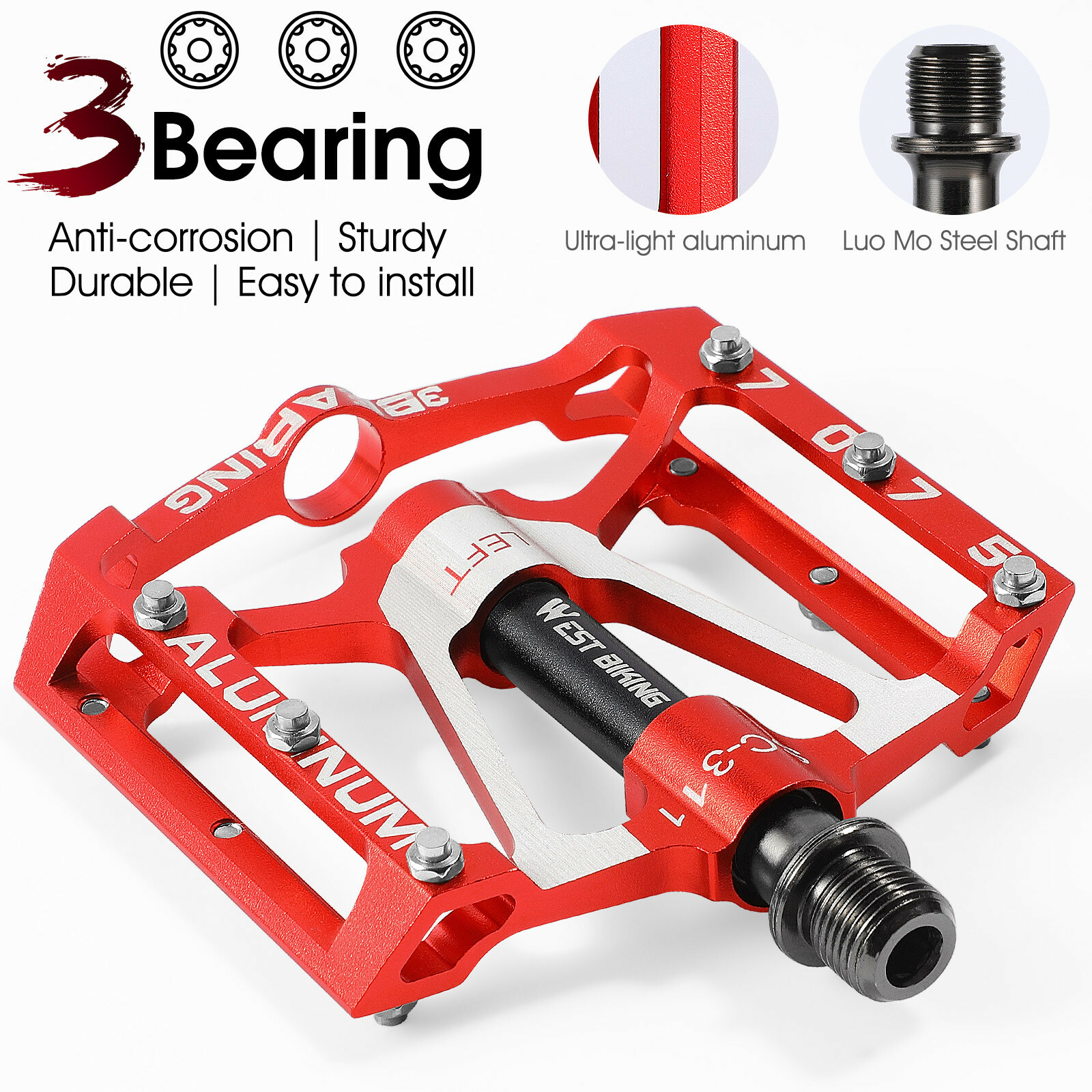 WEST BIKING Bicycle Pedals Aluminum 3 Sealed Bearing Cycling Bike Pedals Red