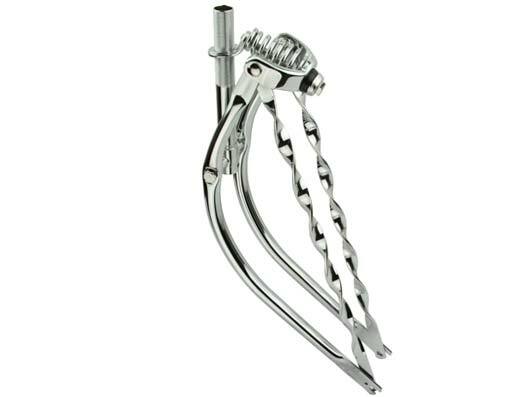 VINTAGE LOWRIDER 26″ BENT STEEL SPRING FORK 1 INCH W/TWISTED BARS IN CHROME