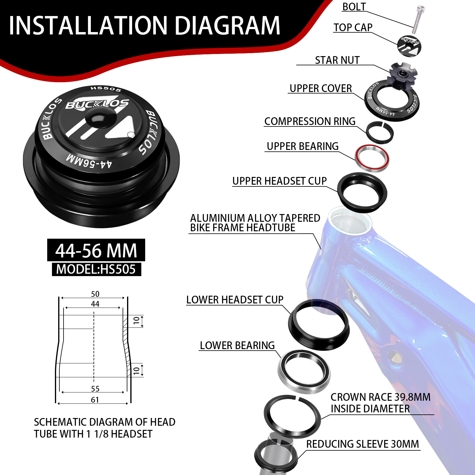 JESSICA 44-56mm Sealed Bearing Headset MTB Road Bike for Tapered Fork Frame Part