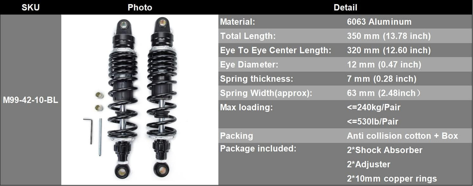 320Mm 12.6 Inch 7Mm Spring Universal Motorbike Air Shock Absorber Rear Suspensio