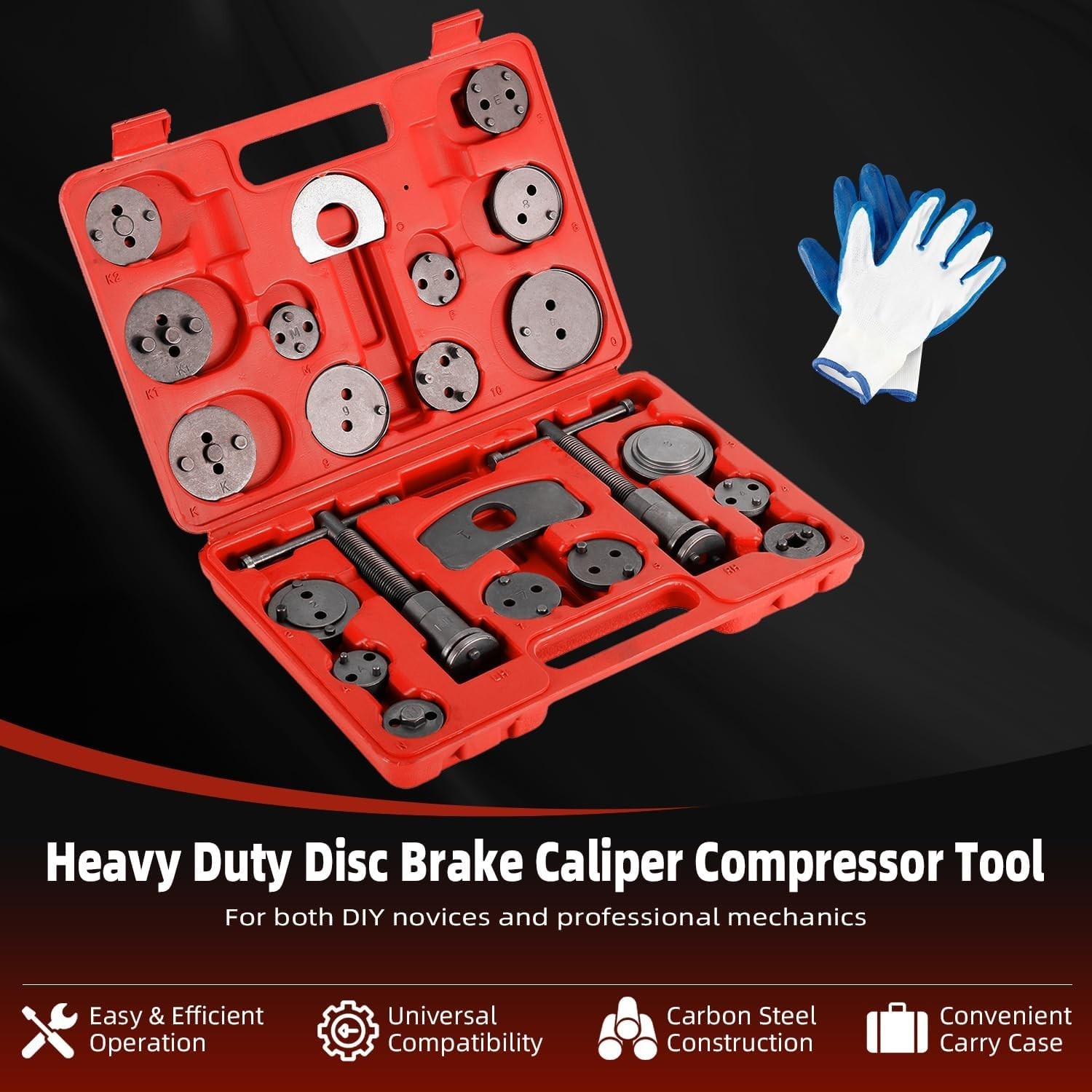 Complete 24 Piece Brake Caliper Tool Set with Adapters, Gloves & Storage Case