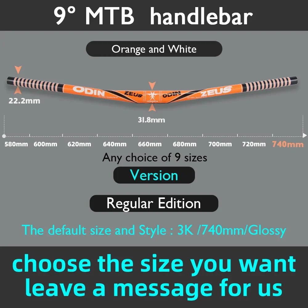 Full Carbon Fiber 9 Degree Mountain Bike Handlebar 31.8mm Clamp 580-800mm