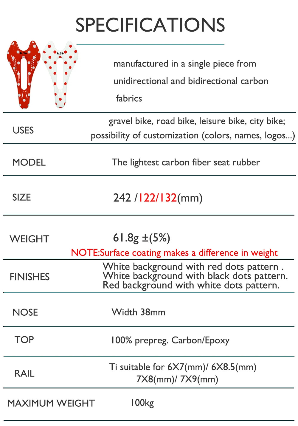 Carbon Fiber Bicycle Saddle for Road/MTB Bike 122/132mm 7x9mm Glossy Front Seat
