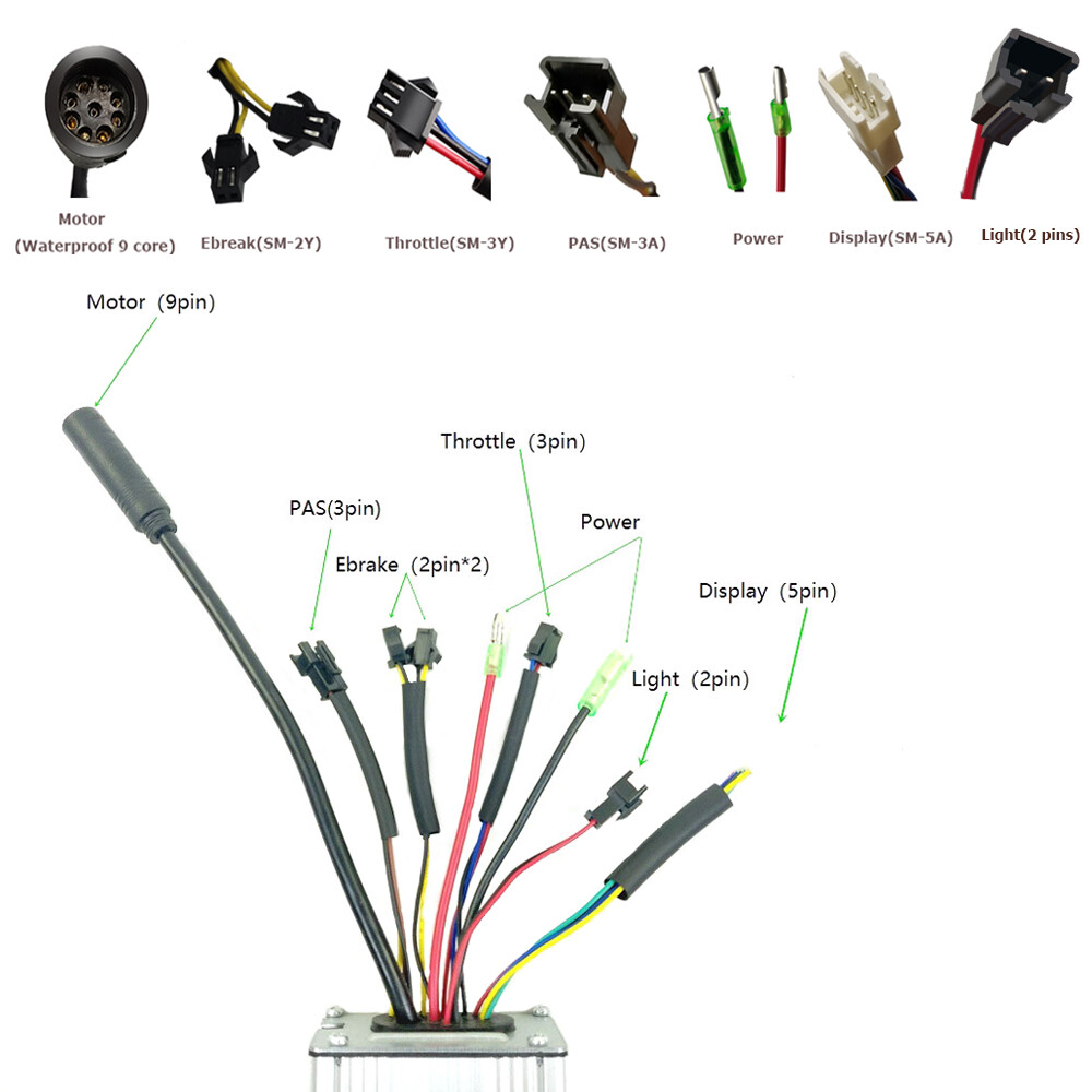 48V 36V 22A Controller fr 500W 350W Brushless Motor Electric Bicycle Light Cable