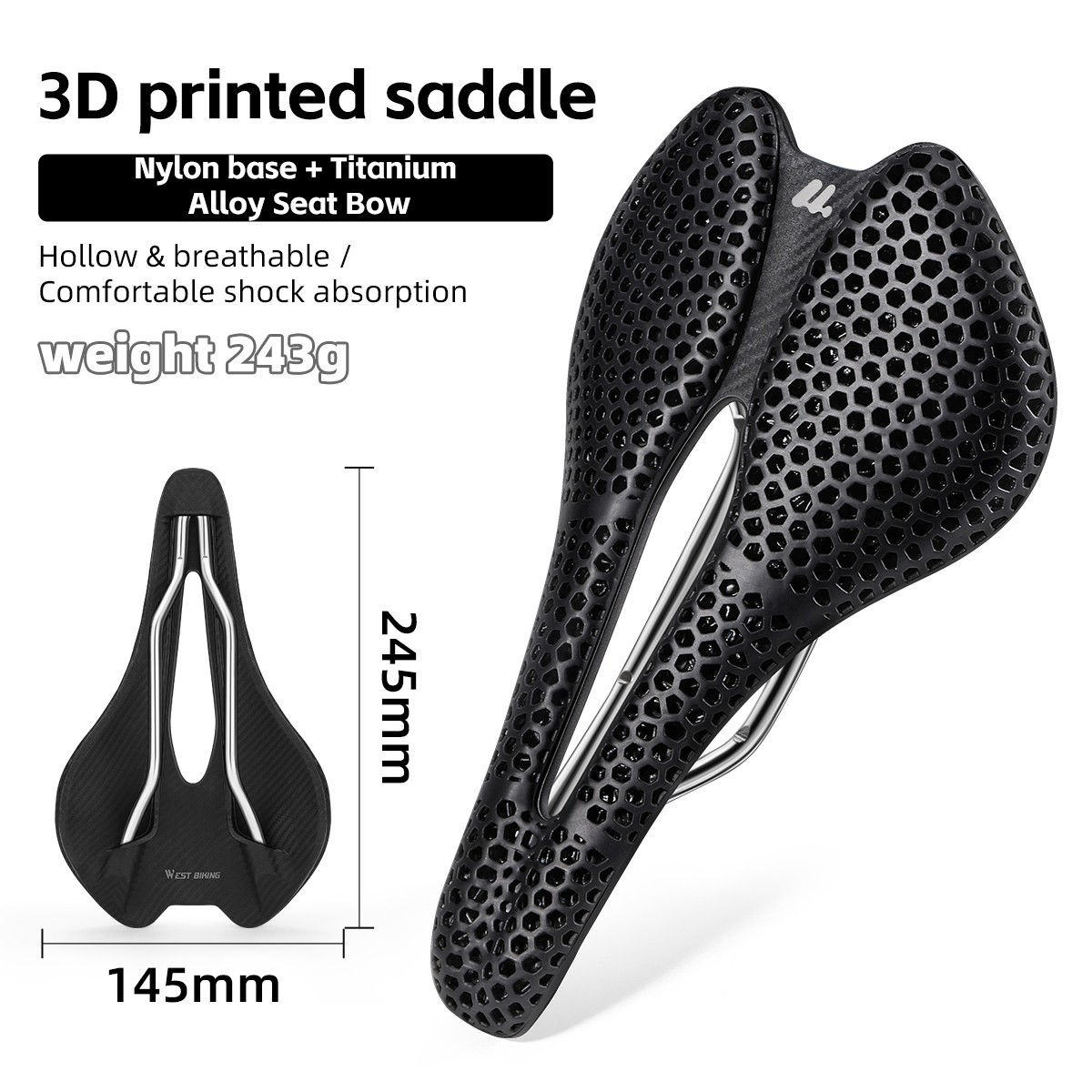 WEST BIKING 3D Printed Nylon Bicycle Saddle Hollow Bike Titanium Seat Bow Saddle