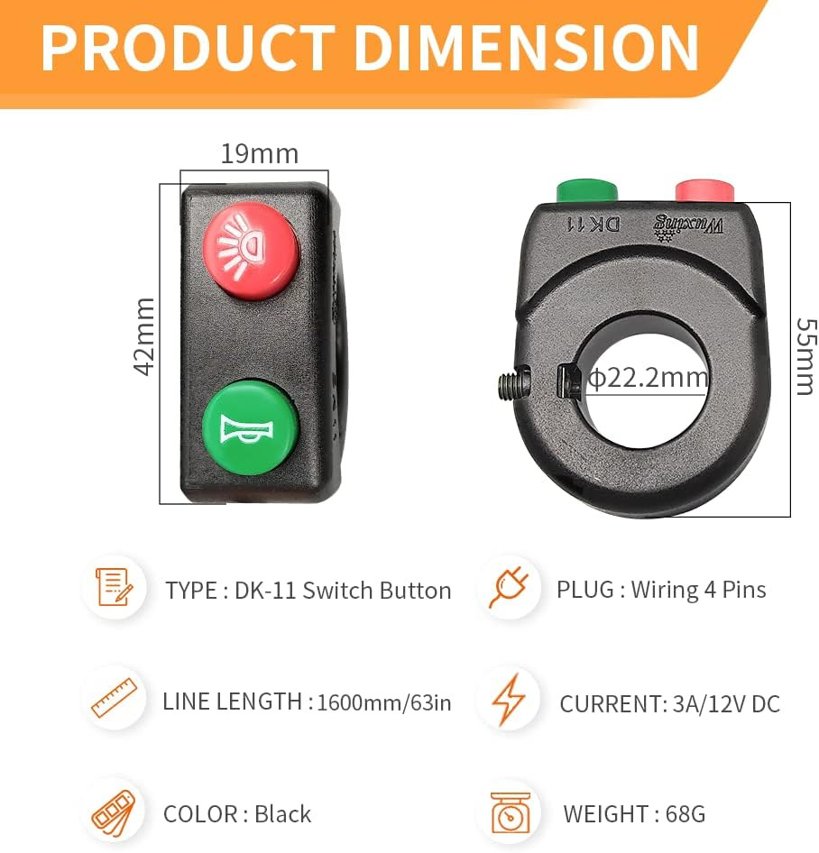 WUXING DK226/DK11 Electric Bike Scooter Light Switch 24V/36V/48V/60V/72V Ebike L