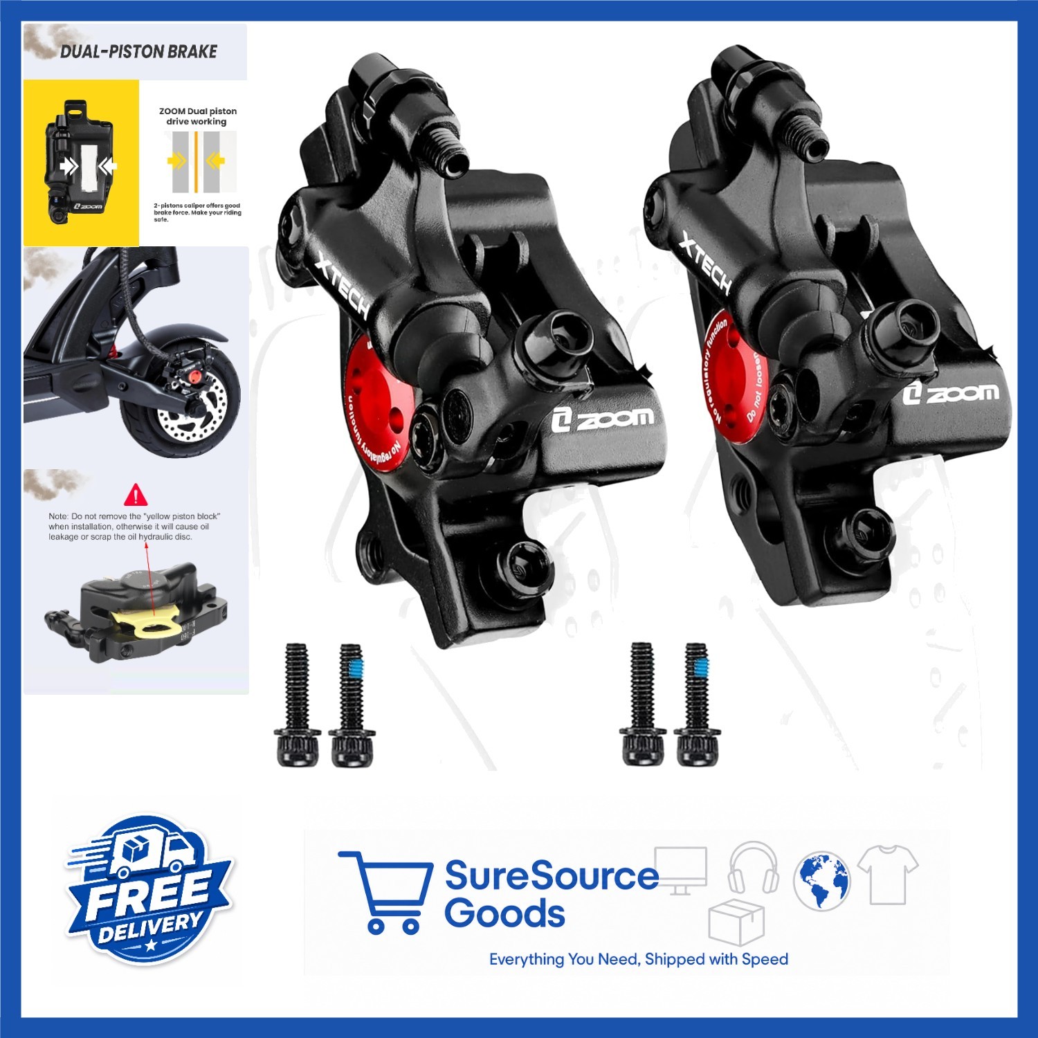Zoom HB-100 Disc Brake Calipers Set for Mountain Road E-Bikes Unisex-Adult