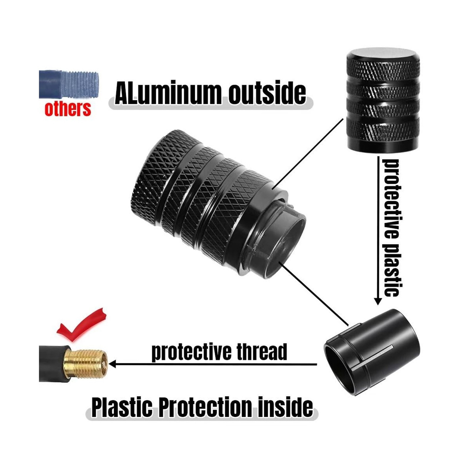 4-Piece Black Anodized Aluminum-Plastic Composite Tire Valve Stem Caps with I…