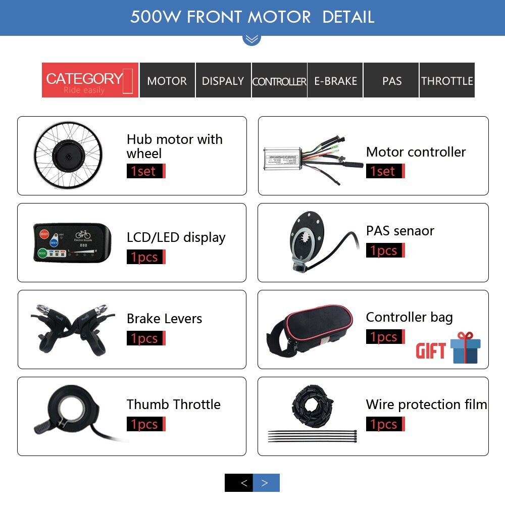E-bike Conversion Kit Brushless Gearless Front Wheel Motor 36V 48V 500W Display