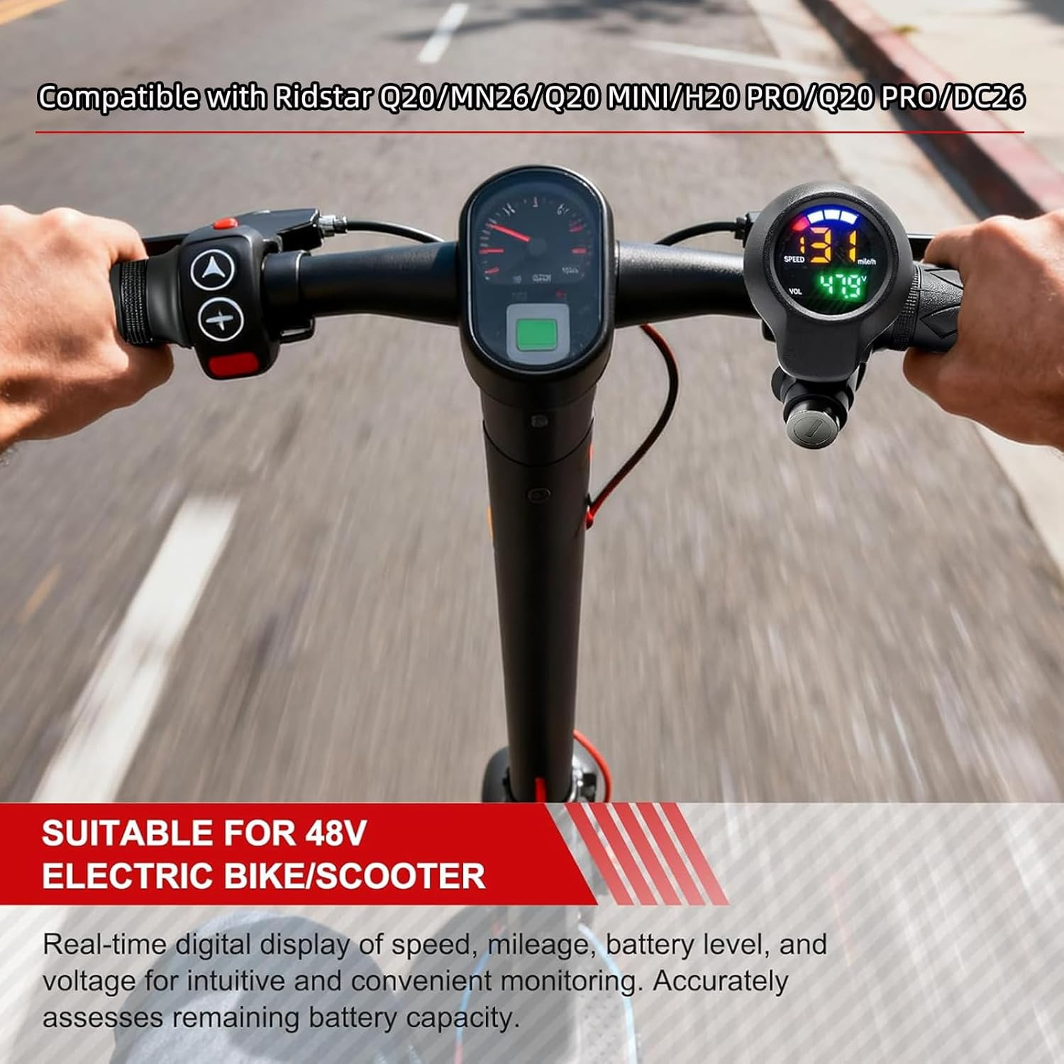 48V Ebike Throttle with Colored LCD Display, Key Lock 6 Pin Full Twist Throttle