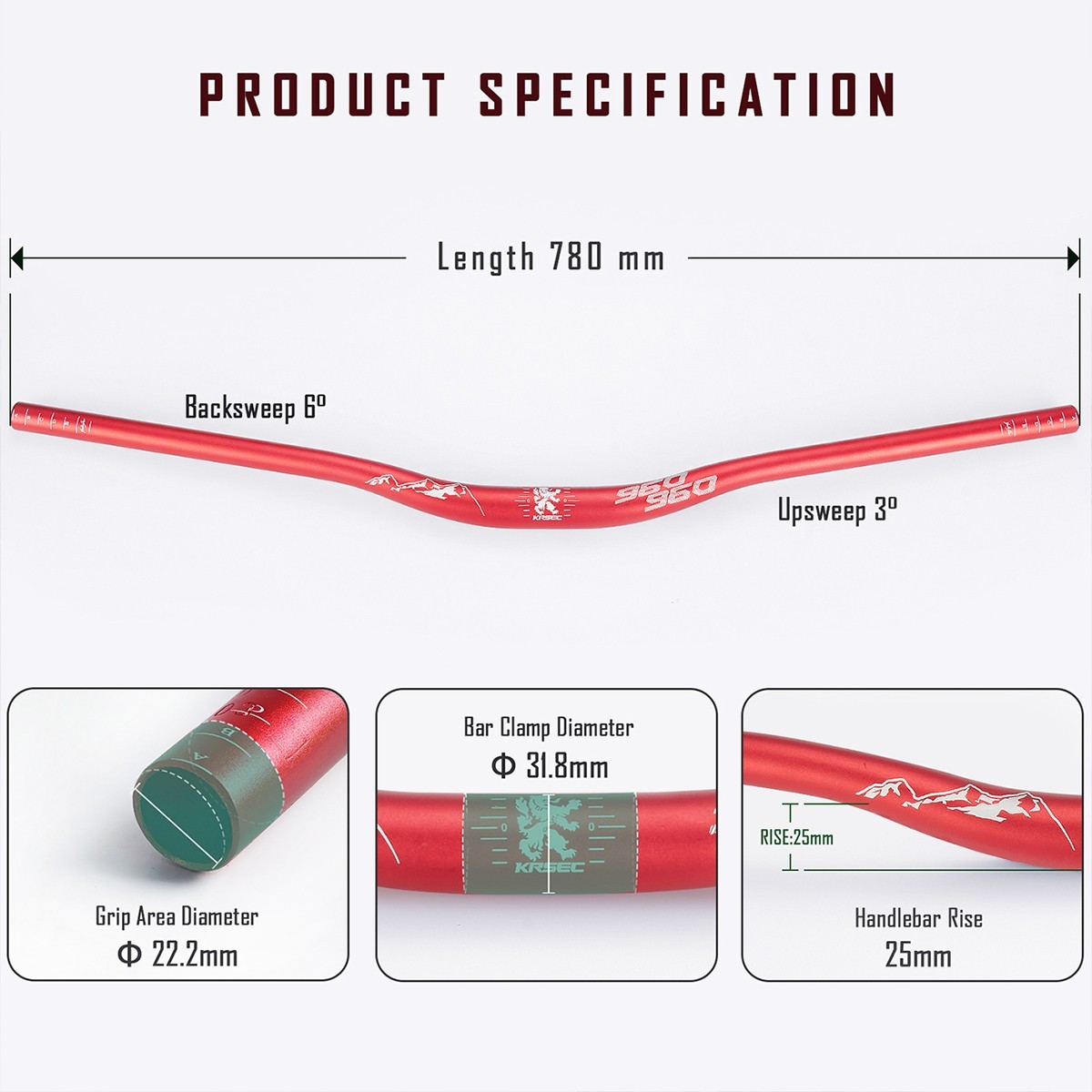 KRSEC31.8MM Mountain Bike Handlebar Aluminum Alloy Bicycle Riser Handlebar 25MM