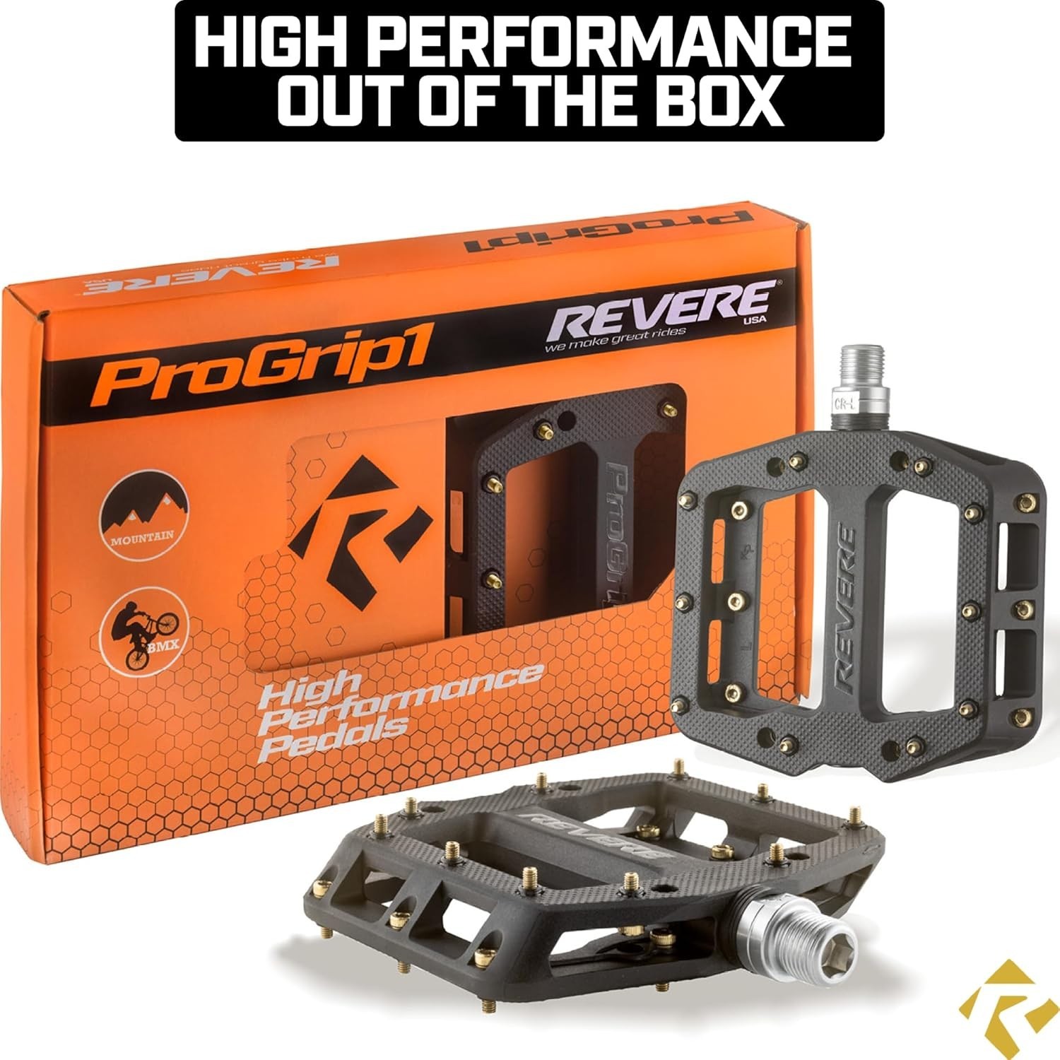 Revere ProGrip 1 Mountain Bike / BMX Platform Pedals – Gold Pins