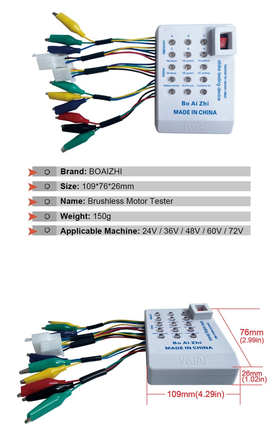 Electric Bicycle 24V 36V 48V 60V 72V Brushless Motor Portable Controller Tester