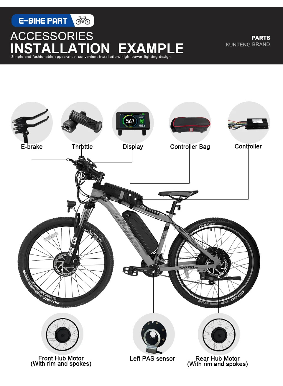 Ebike Three-Mode Sine Wave Controller 36V 48V 52V 40A with LCD Color Display