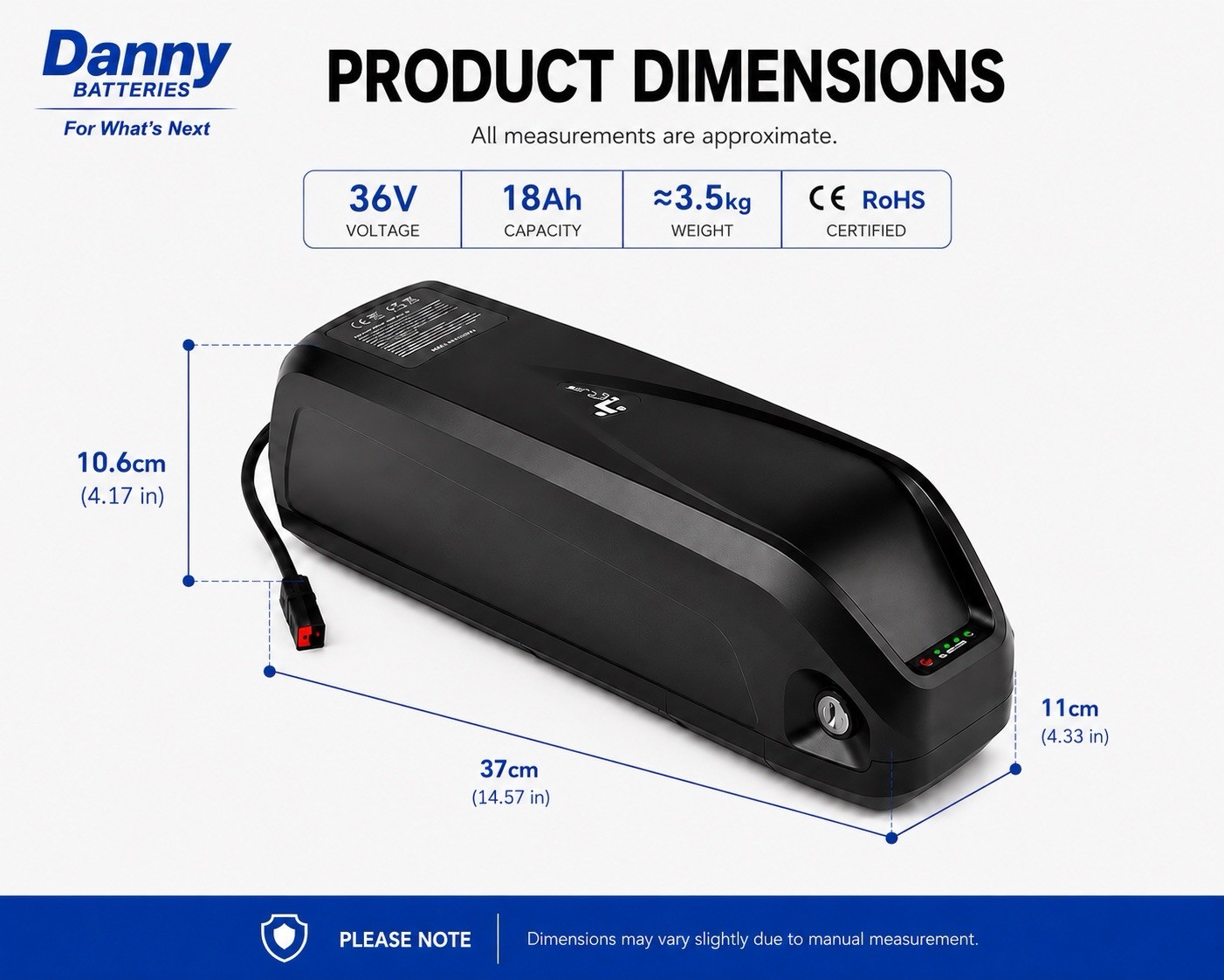36V 18Ah Ebike Battery Downtube Lithium Battery for 36V Electric Bike