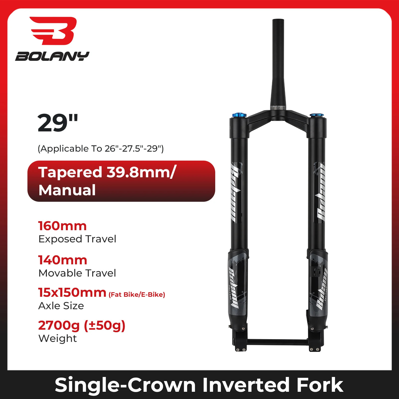 Double Shoulder MTB Inverted Fork 29inch Boost Travel 140mm Adjustable Damping