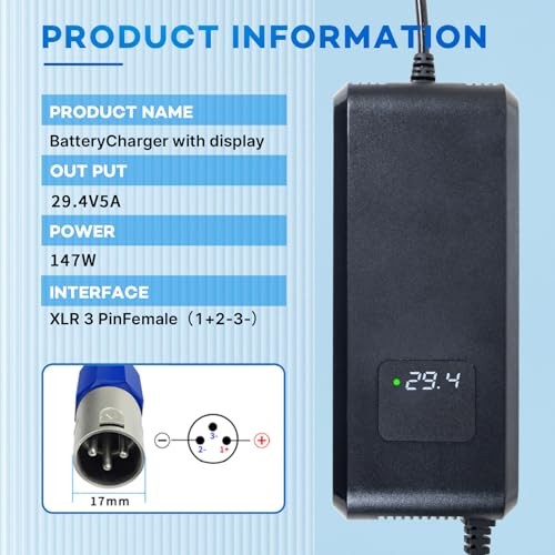 29.4V 5A Lithium Battery Charger 3-Pin XLR Connector for 24v/25.2v Li-ion