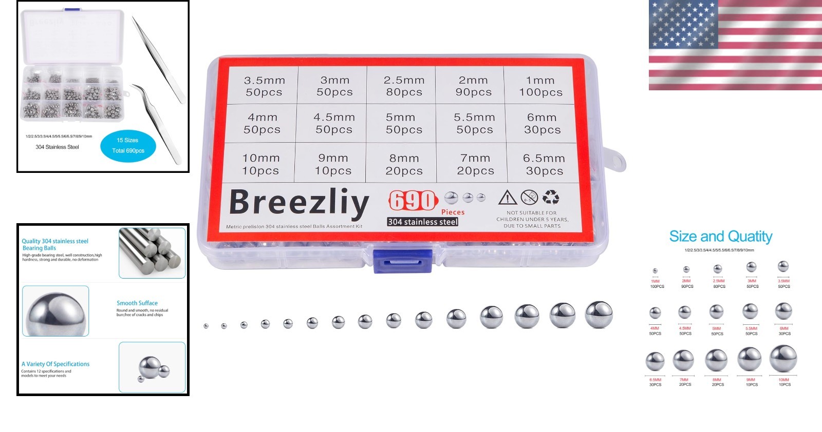 304 Stainless Steel Bearing Ball Kit – 15 Sizes, 690pc