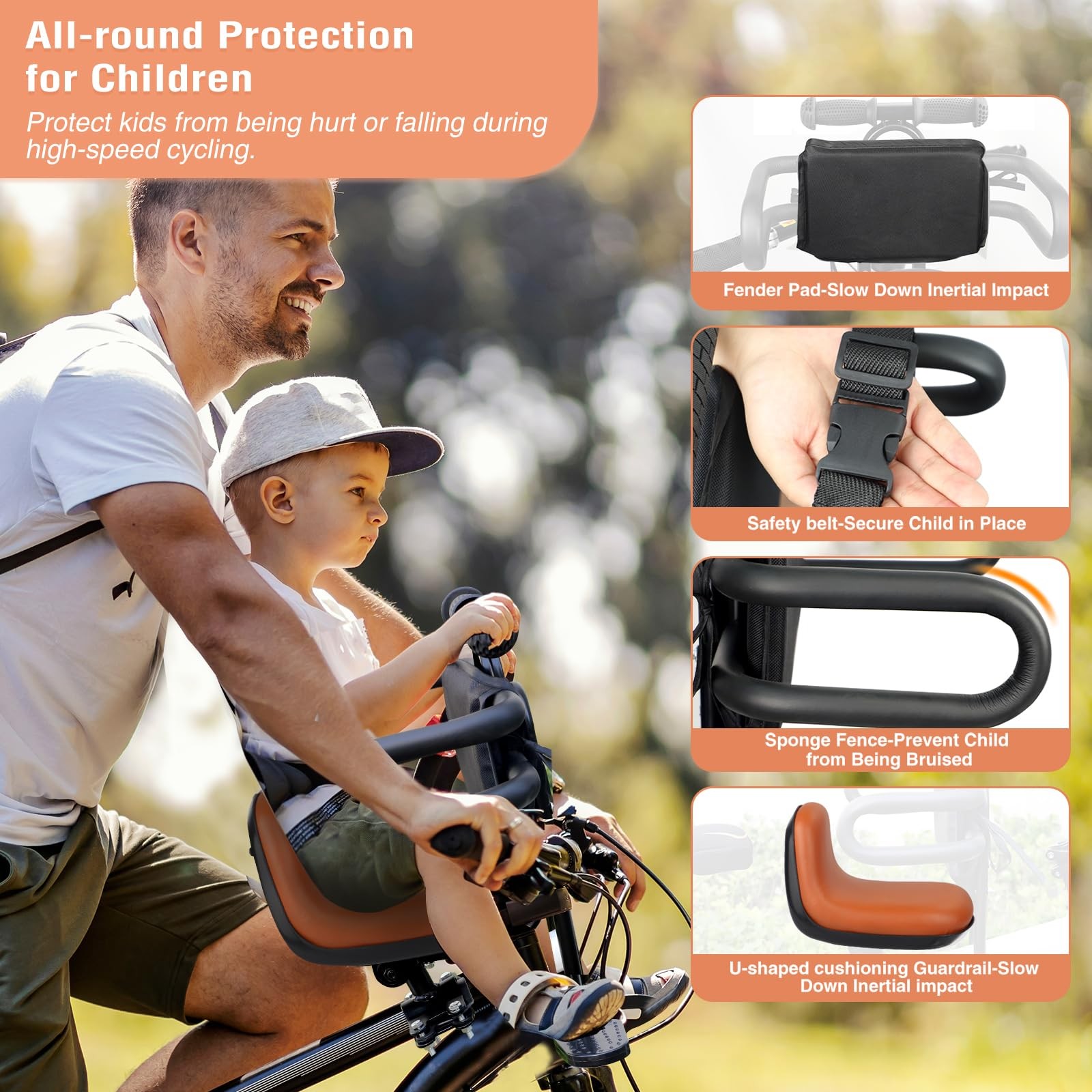 Child Bike Seat Front Mount with Guardrail Retractable Baby Bike Seat Toddler fo
