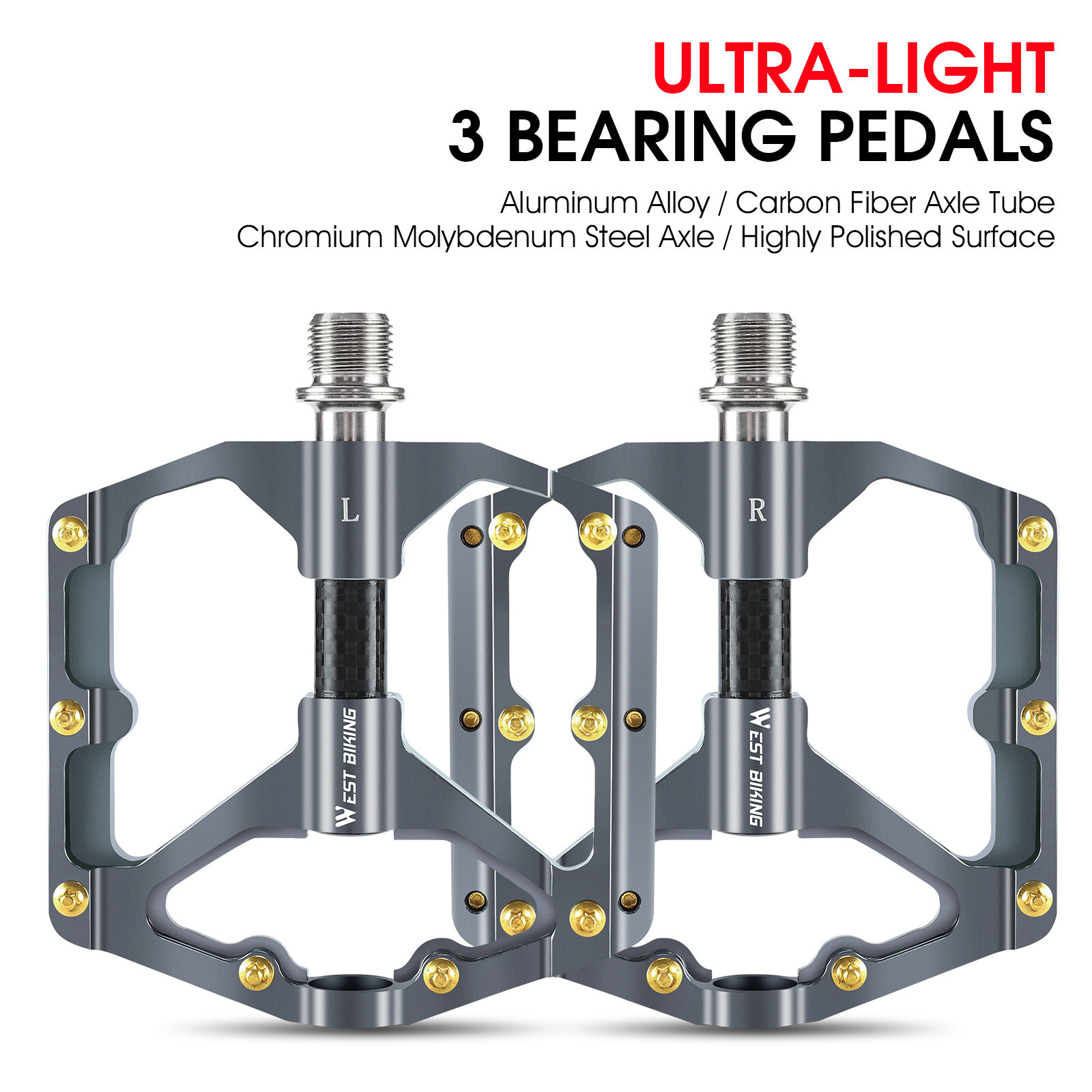WEST BIKING Carbon Fiber Axle 3 Bearings MTB Road Bike Bicycle Pedals Titanium