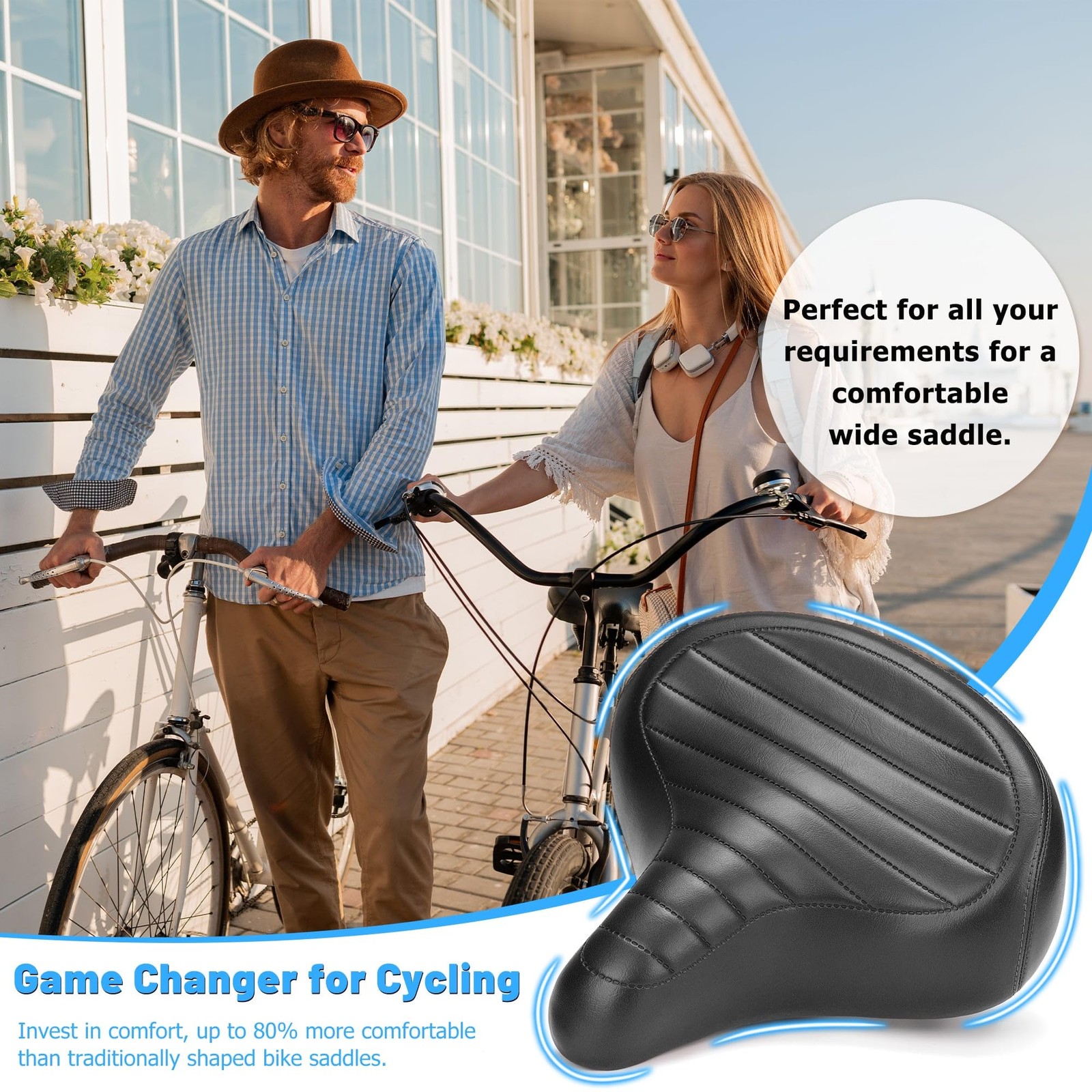 CDYWD Wide Bike Seat for Men Women Comfort, Large Soft Padded Large, C2 Black