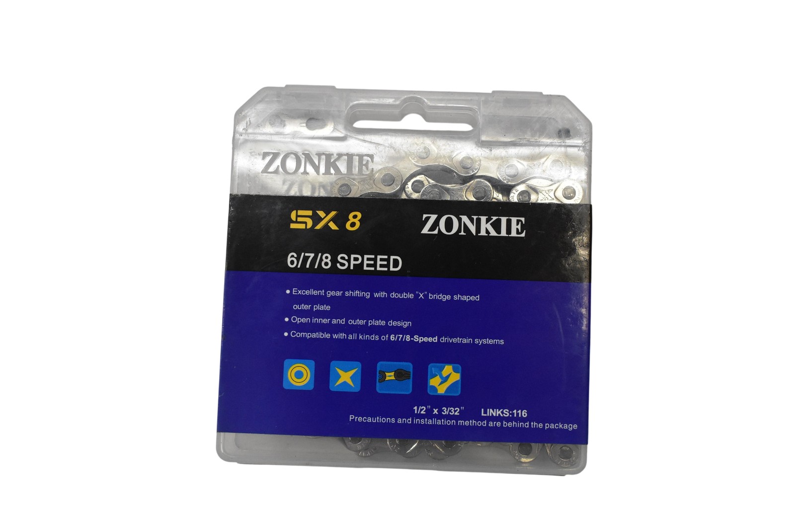ZONKIE SX8 6/7/8 Speed Chain 116 Links 1/2 X 3/32 Silver Steel Universal